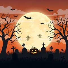 Spooky Halloween night scene with a glowing jack-o'-lantern in a dark graveyard under a full moon with ghosts and bats