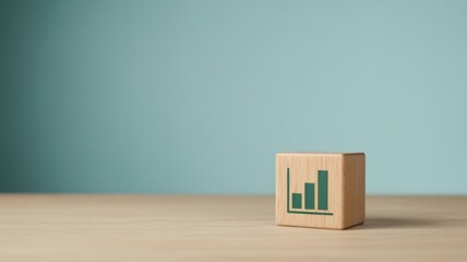 Conceptual wooden cube with rising bar chart icon, symbolizing business growth, financial success, and strategic data analysis