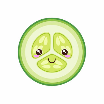 Cute kawaii cartoon cucumber slice with a happy face and rosy cheeks, isolated on white background