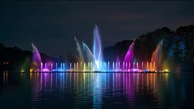Colorful water fountain displayed during evening hours