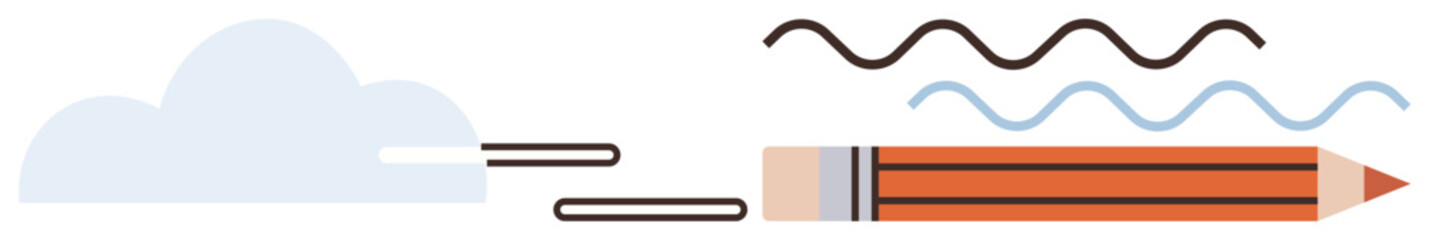 Pencil sketching black and blue waves accompanied by cloud for creative inspiration. Ideal for innovation, imagination, abstract thinking, education, writing, concepts, creative process. Simple flat