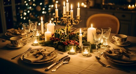 An elegant dining table set for a festive Christmas dinner, illuminated by the warm glow of numerous candles.
