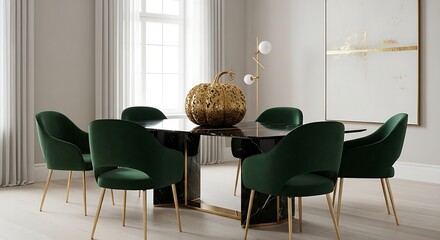 Elegant dining room featuring green velvet chairs and a decorative golden pumpkin centerpiece on a table