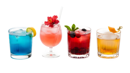 a set of cocktails: gin tonic, blue lagoon, tequila sunrise, iced irish coffee, pina colada, mai tai, cocktail with rum, whiskey, mojito, bar menu drinks, cocktails isolated PNG