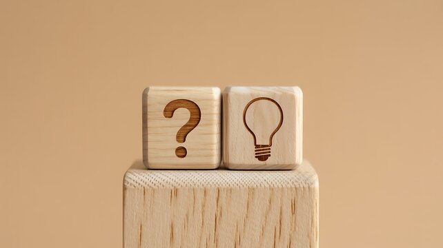 Wooden cubes with a question mark and a light bulb symbol, representing the creative process from problem to solution