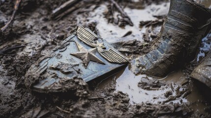 insignia. Crushed military insignia lies in mud amid scattered footprints, earthy tones. ESG reports, sustainability campaigns, designed for environmental awareness campaigns.