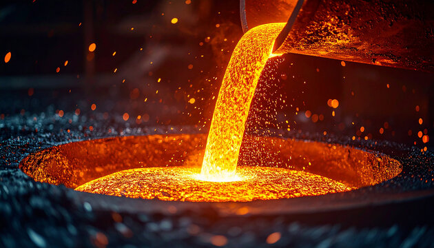 Hot molten steel being poured into a mold at a foundry, glowing orange metal stream, sparks flying