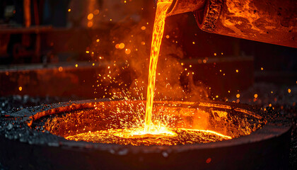 Hot molten steel being poured into a mold at a foundry, glowing orange metal stream, sparks flying