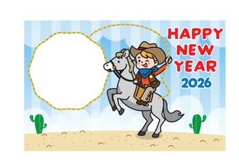 横向き構図のカウボーイ風フォトフレーム年賀状イラスト（干支・西部風・明るい新年デザイン）