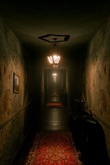 Dark Repetitive Vintage Corridor with Dim Lighting and Antique Decor © Prisnatix Images