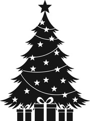 Christmas tree silhouette vector illustration, festive holiday artwork, seasonal decoration design, winter celebration graphic, gift box ornament, cad drawing flat vector illustration