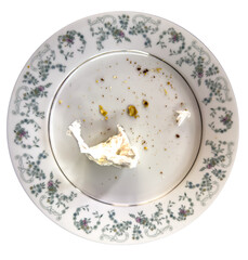 Empty Plate with Food Crumbs and Tissue on Floral Dinnerware isolated on transparent white background, png. 