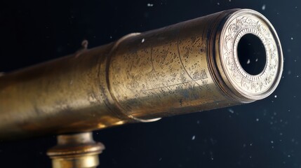 markings. Antique brass telescope pointed at starry sky, engraved markings on vintage scientific instrument. STEM education sheets.
