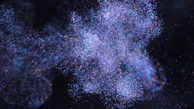 Abstract Blue and Purple Particle Cloud Expanding in Dark Space.