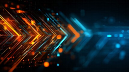 Diagonal streams of bright orange and blue light form abstract dynamic forward motion arrows against a dark background.