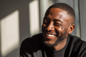 Fototapeta premium Relaxed Black entrepreneur laughing during informal meeting, natural light and candid composition