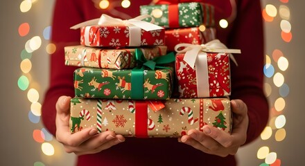 A person in a red sweater holds a large stack of festively wrapped Christmas presents.