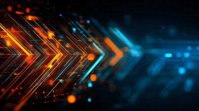 Diagonal streams of bright orange and blue light form abstract dynamic forward motion arrows against a dark background.