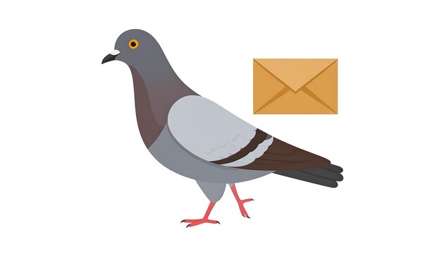 A cartoon pigeon walking with an envelope nearby on a pure white background