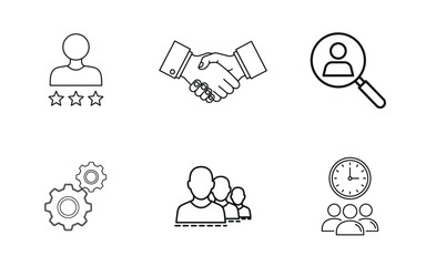 WebHR & Corporate Management Icon Set: Recruitment, Teamwork, Agreement, Rating, and Time Efficiency Vector
