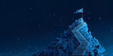 Polygon Mountain Top with Stairway to Success and a Flag in Night Sky.