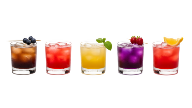 a set of cocktails: gin tonic, blue lagoon, tequila sunrise, iced irish coffee, pina colada, mai tai, cocktail with rum, whiskey, mojito, bar menu drinks, cocktails isolated PNG	