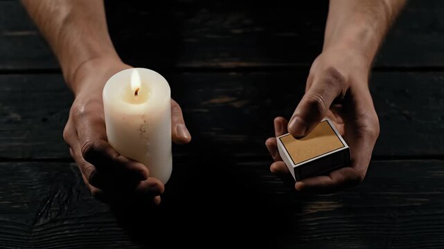Closeup of hands holding burning white wax candle and matchbox in darkness