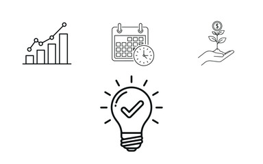 Business Growth & Finance Icon Set: Scheduling, Investment, and Validated Idea Generation Vector
