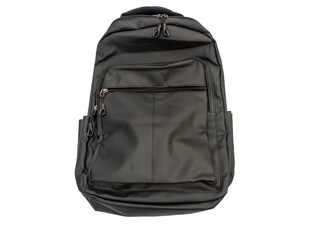 Black durable backpack isolated on white background. Comfortable backpack with pockets for laptop, books and other things. Travel bag for hand luggage