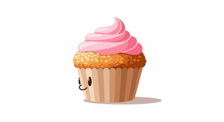 Delightful cartoon cupcake with a sweet pink frosting swirl and a cheerful face, perfect for fun food concepts.