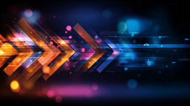 Dynamic abstract graphic depicts illuminated directional arrows moving rapidly across a dark background.