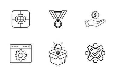 Innovation & Success Icon Pack: Business Solution, Finance, Web Settings, and Quality Achievement Vector
