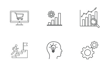 E-commerce & Business Strategy Icon Set: Data Analysis, Goal Achievement, and Idea Generation Vector Pack