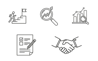 Business Achievement & Data Analysis Icon Pack: Goal Success, Reporting, and Agreement Handshake Vector