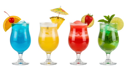 a set of cocktails: gin tonic, blue lagoon, tequila sunrise, iced irish coffee, pina colada, mai tai, cocktail with rum, whiskey, mojito, bar menu drinks, cocktails isolated PNG	