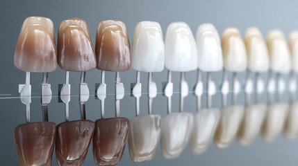 A close up shot of a tooth shade guide with varying shades of white and brown enamel