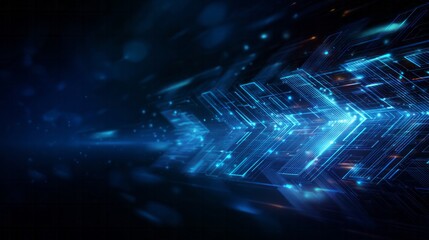 Illuminated digital circuit patterns form a large forward-pointing arrow moving into darkness