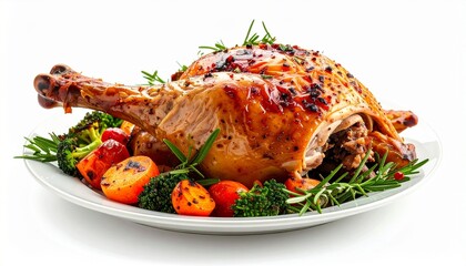 Roasted Whole Chicken with Herbs and Vegetables on White Plate Symbolizing Festive Meal Holiday Comfort and Gourmet Culinary Styling for Editorial and Lifestyle Use