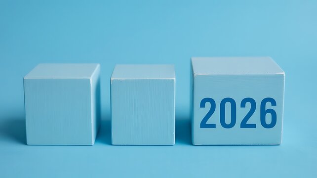 Year 2026 A Conceptual Representation on Light Blue Cubes, Demonstrating Future Growth, Development, and Progress