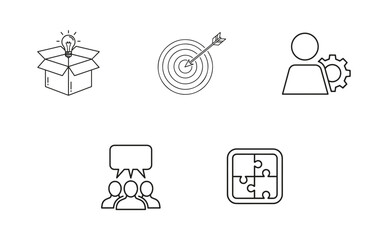 Creative Thinking & Goal Setting Icon Pack: Management, Team Communication, and Puzzle Solution Vector