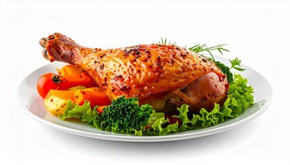 Roasted Whole Chicken with Herbs and Vegetables on White Plate Symbolizing Festive Meal Holiday Comfort and Gourmet Culinary Styling for Editorial and Lifestyle Use