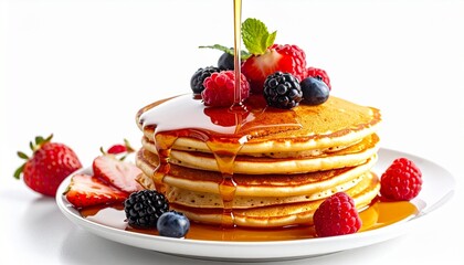 Stack of Golden Pancakes with Fresh Berries and Syrup Drizzle on White Plate Symbolizing Classic Breakfast Indulgence Morning Ritual and Gourmet Food Styling for Editorial and Lifestyle Use