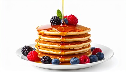 Stack of Golden Pancakes with Fresh Berries and Syrup Drizzle on White Plate Symbolizing Classic Breakfast Indulgence Morning Ritual and Gourmet Food Styling for Editorial and Lifestyle Use