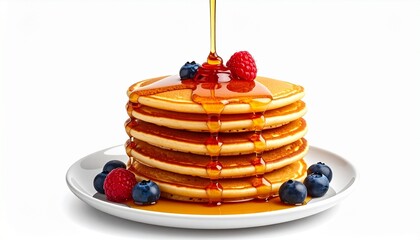 Stack of Golden Pancakes with Fresh Berries and Syrup Drizzle on White Plate Symbolizing Classic Breakfast Indulgence Morning Ritual and Gourmet Food Styling for Editorial and Lifestyle Use