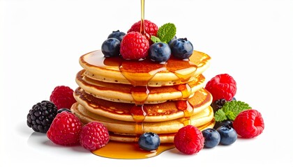 Stack of Golden Pancakes with Fresh Berries and Syrup Drizzle on White Plate Symbolizing Classic Breakfast Indulgence Morning Ritual and Gourmet Food Styling for Editorial and Lifestyle Use
