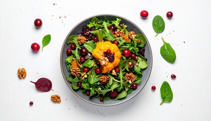 Colorful Autumn Salad with Leafy Greens Orange Cranberries Pecans and Feta on White Plate Symbolizing Healthy Eating Seasonal Freshness and Gourmet Food Styling for Editorial and Lifestyle Use