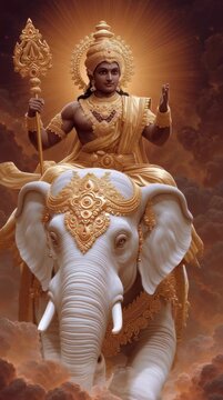 Divine hindu god indra, king of the heavens, majestically riding his celestial white elephant, airavata, through the clouds holding his powerful golden vajra, symbolizing thunder and might