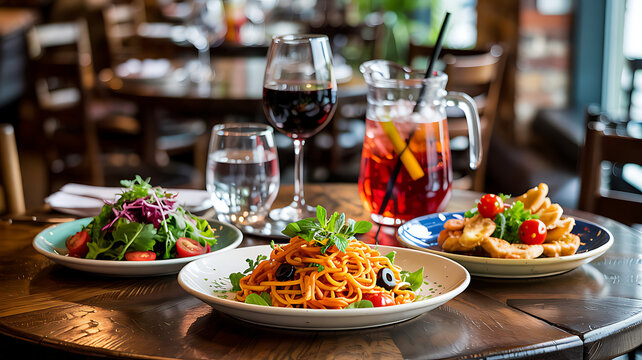 A delicious restaurant table setting ready for a gourmet dinner meal with wine glasses, salad plates, and a variety of appetizer dishes