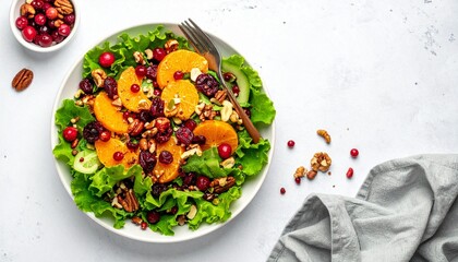 Colorful Autumn Salad with Leafy Greens Orange Cranberries Pecans and Feta on White Plate Symbolizing Healthy Eating Seasonal Freshness and Gourmet Food Styling for Editorial and Lifestyle Use
