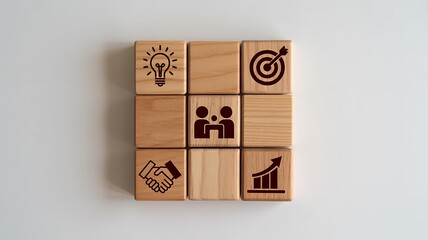 Obraz premium Conceptual Business Strategy Teamwork, Goals, Innovation & Growth - Wooden Blocks Aligning for Success